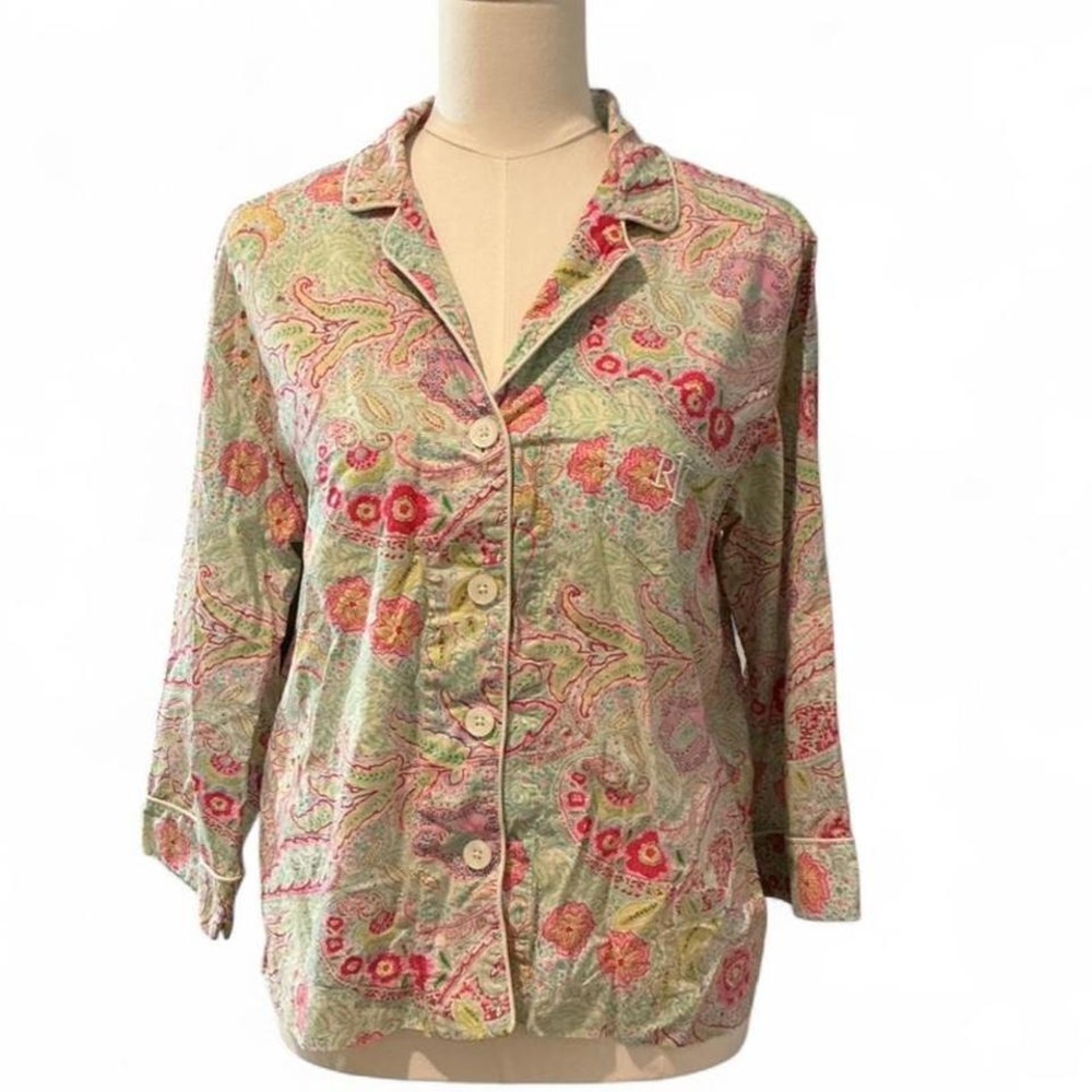 Lauren Ralph Lauren Pajama Top Women Large Pink Paisley Excellent Button Down RL
